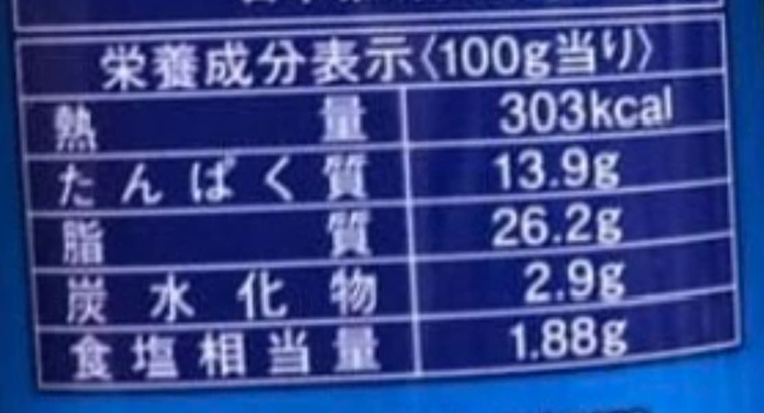 SPAM 減塩 沖縄限定ラベルの実物栄養成分表示。表題の下に100g当たり、熱量303kcal等の5項目がある