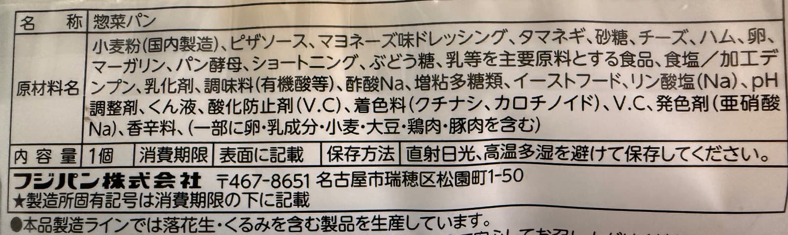 ピザパンの一括表示で、名称、複合原材料、添加物、アレルゲン、内容量、消費期限の記載場所、保存方法、事業者情報が確認できる